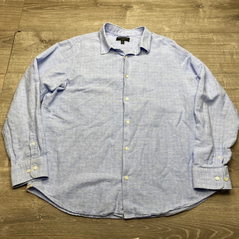 Banana Republic Button Up Shirt Mens XL Blue Linen Check Casual Long Sleeve
